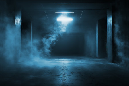 Dark corridor with lights and smoke. Abstract dark background. Science fiction interior scene- sci-fi corridor render scene 3D renderingの素材