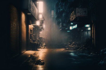 futuristic cyberpunk streets and buildings with light and fog illustration background 3d renderingの素材
