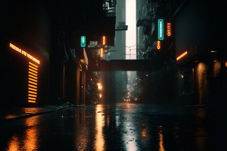 futuristic cyberpunk streets and buildings with light and fog illustration background 3d renderingの素材