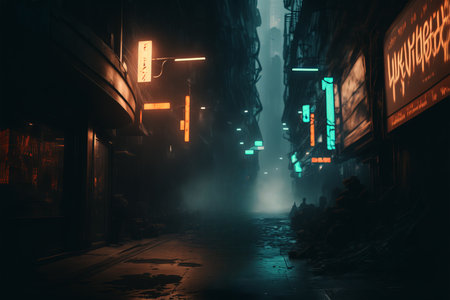 futuristic cyberpunk streets and buildings with light and fog illustration background3d renderingの素材