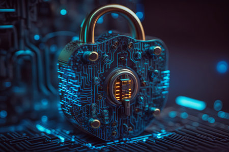 Cyber security concept: closed padlock on computer circuit board background Cyber security concept and digital data protection with a locker in a blue backgroundの素材