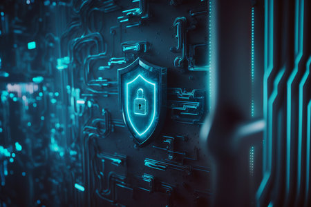 Cyber security concept. Shield on circuit board background. Cyber security concept and digital data protection with a locker in a blue background 3D Renderingの素材