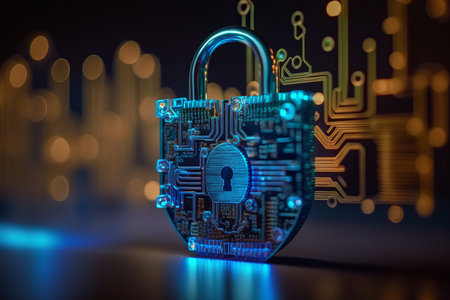 Cyber security and data protection. Padlock on circuit board. Cyber security concept and digital data protection with a locker in a blue background 3d illustrationの素材