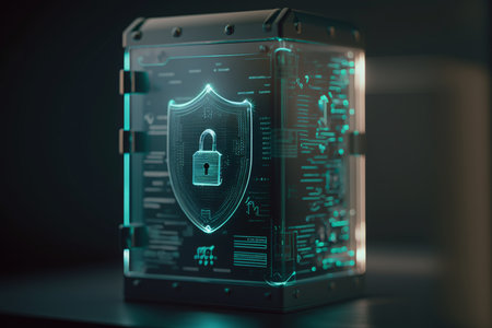 Cyber security concept. 3d rendering toned image double exposure Cyber security concept and digital data protection with a locker in a blue backgroundの素材