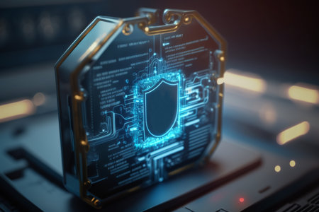 Cyber security concept. 3d rendering toned image double exposure Cyber security concept and digital data protection with a locker in a blue backgroundの素材