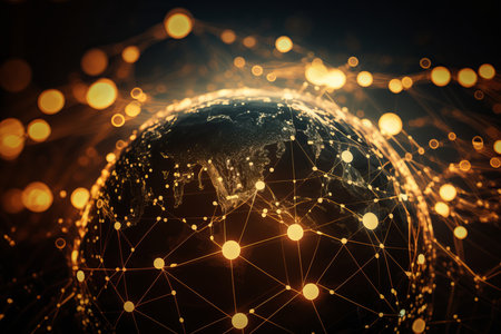 Global network connection over the world.  Global communication concept. Global network of telecommunication on earth  Technology and communication Background 3D Renderingの素材