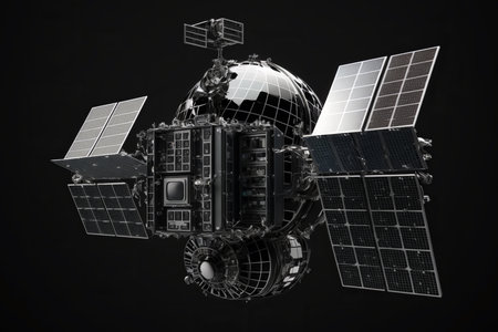 satellite with solar panels on a black background. 3d renderingの素材