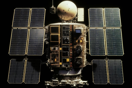 Satellite with solar panels on a black background. 3d renderingの素材