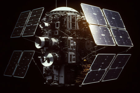 Satellite with solar panels isolated in space 3D Illustration of a Space Station with solar panels on a black backgroundの素材