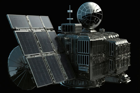 Satellite with solar panels isolated in space 3D render of a space station with solar panels on a black backgroundの素材
