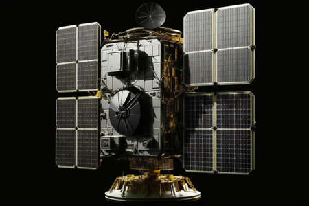 Satellite with solar panels isolated in space 3d illustration of a satellite with solar panels on a black backgroundの素材