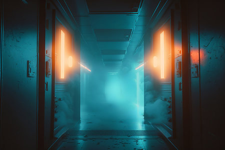 Foggy corridor. Dark corridor with neon lights. 3D renderingの素材