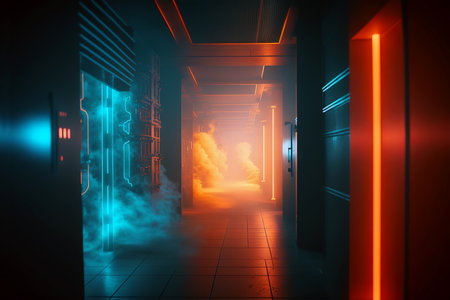 Futuristic hallway with neon lights and smoke. 3D renderingの素材