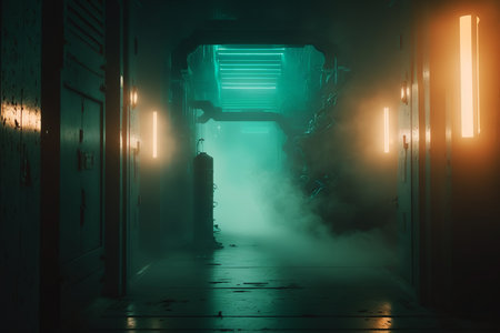 Foggy corridor. Dark corridor with lights and smoke. Horror conceptの素材