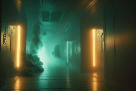Foggy corridor with lights and smoke. Horror Halloween concept. 3D Renderingの素材