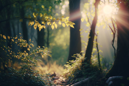 Sunlight in the forest. Beautiful nature scene with sunbeamsの素材