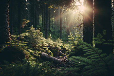 Sunset in the forest with ferns and tree trunksの素材