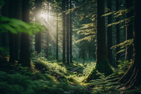 Beautiful green forest with sunbeams and rays of light.の素材