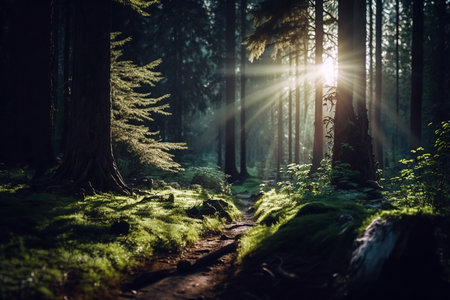 Beautiful morning in the forest with sunbeams and lens flareの素材