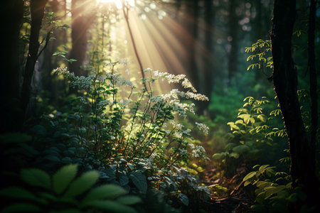 Beautiful summer forest with sunbeams in the morning. Selective focusの素材