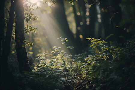 Sun rays through the trees in the forest. Natural background. Selective focusの素材