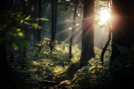 Sunlight in the dark forest with ferns and sunlight.の素材
