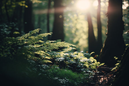Sunlight in the forest with ferns and sunbeamsの素材
