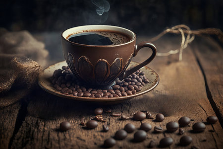 Hot black Coffee cup and coffee beans on old wooden table. Vintage style 3d renderingの素材