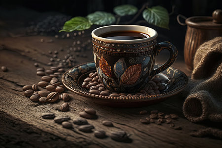 Hot black Coffee cup and coffee beans on old wooden table. Vintage style 3d renderingの素材