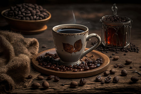 Hot black Coffee cup and coffee beans on old wooden table. Vintage style 3d renderingの素材