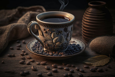 Hot black Coffee cup and coffee beans on old wooden table. Vintage style 3d renderingの素材
