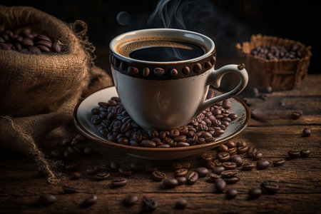 Hot black Coffee cup and coffee beans on old wooden table. Vintage style 3d renderingの素材