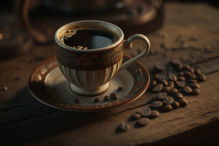 Hot black Coffee cup and coffee beans on old wooden table. Vintage style 3d renderingの素材
