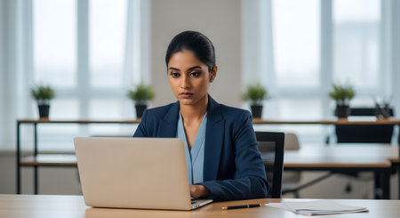 Focused businesswoman working on laptop in office. Serene professional woman concentrating on her tasks at her desk in bright modern workspace. Woman in business suit using laptop in office environment. Professional at work in contemporary setting.の素材