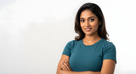 This is portrait of smiling young woman standing with arms crossed against white background. She is looking at camera with dark hair and casual outfit wearing t-shirt. The beautiful face with kind smile is very attractive.  She seems to be in good mood. The natural light of the studio creates a bright effect.の素材