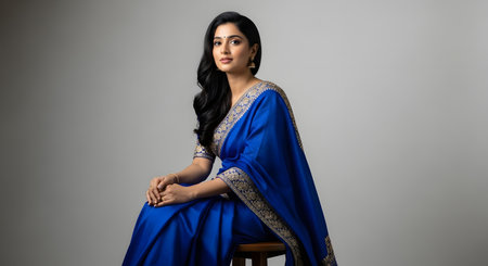 Image features beautiful woman with blue sari and elegant hairstyle sits gracefully on wooden stool. Shot is taken in the studio, with gray background, during daylight. Picture showcases traditional Indian attire, enhancing woman's natural beauty and charm. This evokes cultural richness and aesthetic appeal.の素材