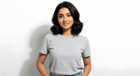 Portrait of attractive brunette indian woman with short bob haircut posing with confidence smiling. She wears casual gray t-shirt in front of white studio background. This image can be used for personal branding, social media profile picture or for any lifestyle content about young women.の素材
