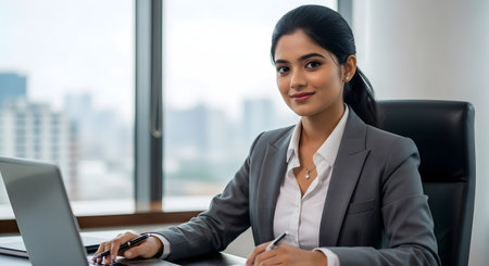 Confident businesswoman working at desk with laptop in modern office. Professional woman in suit focusing on her work with cityscape view in background. Businesswoman writing and looking at camera. Focused professional in corporate office.の素材