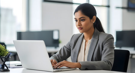 Businesswoman working on laptop in modern office. She is wearing gray suit. There is city skyline in background. Corporate atmosphere. She is typing on keyboard. She is focused on her work. She is sitting at desk in front of computer. She is professional and successful. Executive woman with computer at work in office.の素材