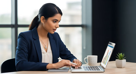 This photo shows a south asian professional analyzing data charts on laptop. They are with pen in hand, working at desk in modern office with natural light. Mug and plant on desk.の素材