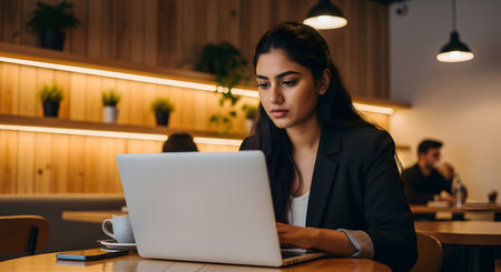 Young businesswoman working on laptop in cafe. She is wearing black suit while sitting at wooden table with cup of coffee and cellphone. She is focused and concentrated on her work. She is typing on keyboard. She is indoors in public space. Wood paneled wall in background. There are plants on shelf and light above. Business meeting in cafe with wooden furniture.の素材
