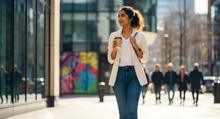 Stylish Indian woman walking confidently on city street with coffee in hand, embracing urban lifestyle and expressing modern fashion. Enjoying vibrant city surroundings while dressed in business casual attire with shoulder bag. Woman's determined stride and confident gaze symbolize ambition and independence.の素材