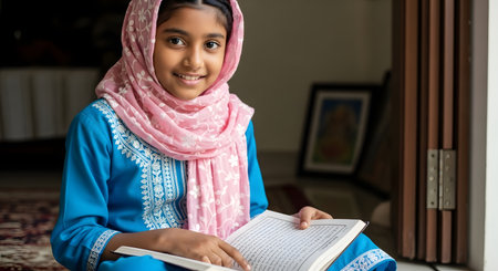 Young muslim girl reading koran at home with smile. Education concept of happy child studying religious book. Arabic islamic culture and tradition. Pretty cheerful child portrait with book.の素材