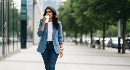 Stylish businesswoman walking with coffee in city. Chic professional woman in blazer enjoying her coffee break while strolling through urban environment. Confident woman with takeaway coffee on city street. Woman enjoying coffee break outdoors.の素材