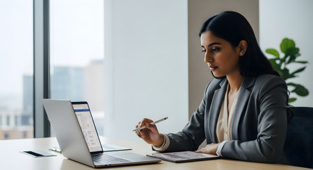 Corporate businesswoman using stylus pen and tablet next to laptop in modern office. She is wearing grey suit jacket and white blouse. She is looking at screen. She is professional and successful. She is sitting at desk in front of window. Woman using digital tablet and stylus pen in corporate office.の素材