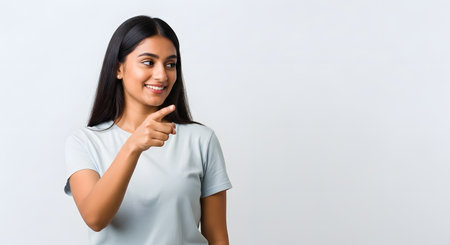 Smiling indian woman pointing finger to side. Cheerful girl with positive expression on white background. Happy and excited person making gesture. Perfect for advertising concepts. Isolated portrait of friendly female.の素材