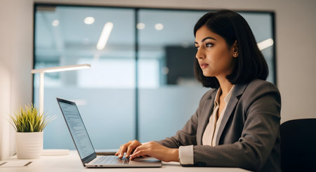 Image of determined indian businesswoman using laptop at her desk. Elegant woman in contemporary office displaying productivity. Focused female professional in gray suit. Close-up of hands typing on computer in work environment.の素材