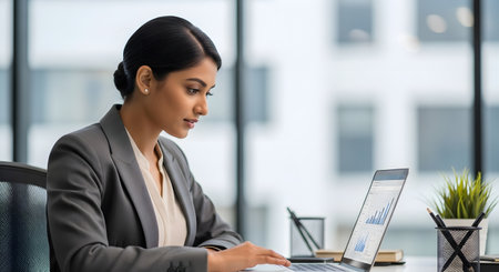 Serious indian business woman using laptop in modern office. Finance executive analyzing market data on computer screen. Entrepreneur working with graph.  Focused woman using computer for work.の素材