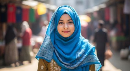 Young muslim woman wearing blue hijab in outdoor market. She has olive skin and brown eyes. She is standing in town square background. She is looking at camera. She is smiling. She is wearing traditional clothes. She is standing in front of colorful fabrics. She is surrounded by people. Portrait of beautiful muslim woman with hijab in market.の素材