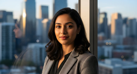 Young and confident businesswoman standing in modern office next window with city view. She is wearing gray suit and black blouse. This is professional corporate environment. Businesswoman is looking at camera. Building is located in urban area. She has dark hair and fair skin. Confident business woman in front of cityscape.の素材